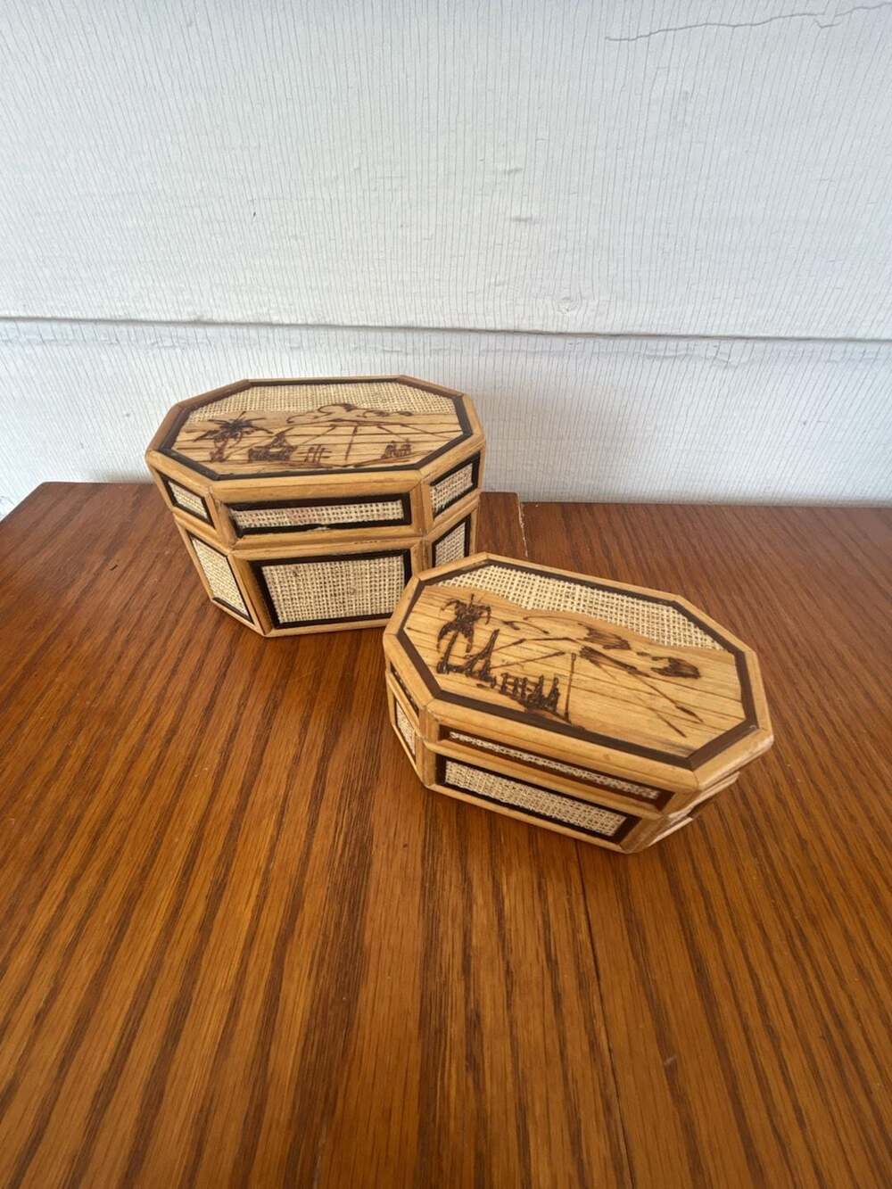 Vintage Philippines Handcrafted Woven Rattan and Bamboo Octagon Trinket Box Set